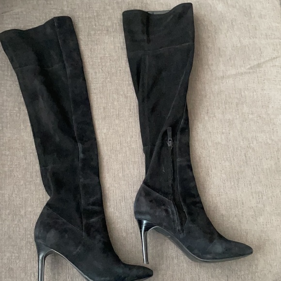 Cole Haan black suede heeled thigh high boots. - Picture 2 of 7